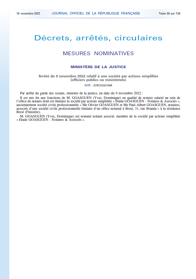 Nomination de Maître Yves GOASGUEN en qualité de Notaire associé